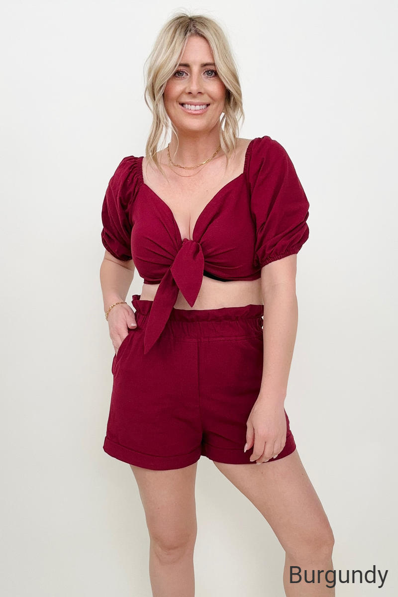 Knot Front Cropped Top and Shorts Set - 3 Colors