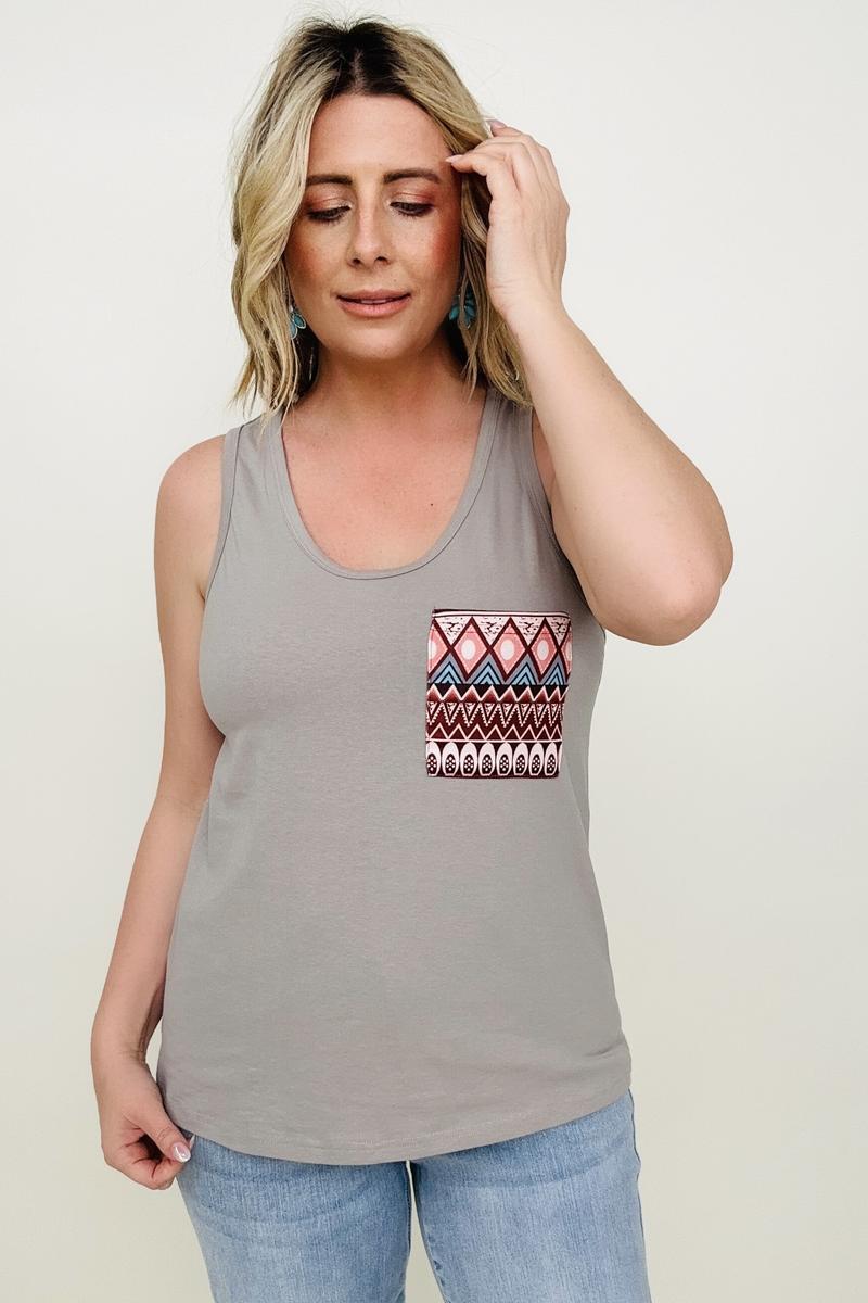 Tank Top with Ethnic Pattern Chest Pocket