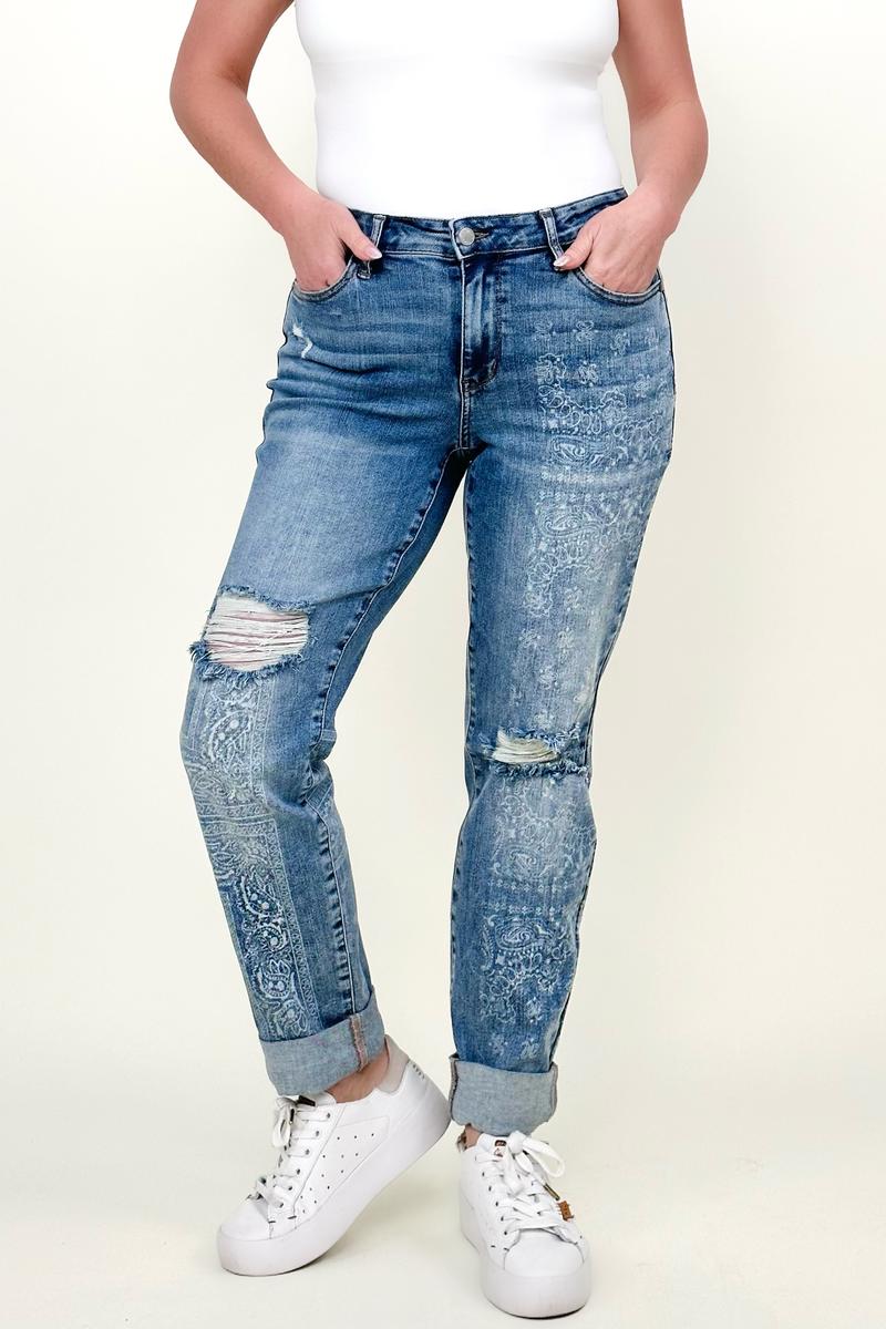 PLUS/REG Judy Blue Mid-Rise Destroy & Paisley Print Boyfriend Jeans